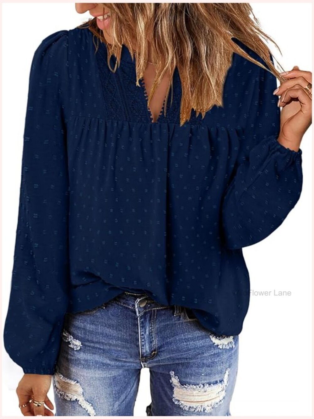 Women's Long Sleeve V Neck Flowy Blouse Swiss Dot Boho Tunic Tops Casual Dressy